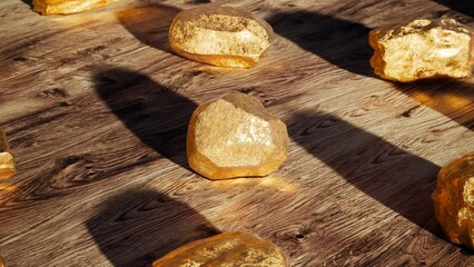 A group of pure gold pieces on the wooden background. Golden nuggets. Gold ore