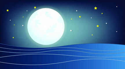 Night sea landscape against the background of the full bright moon and the starry sky, small waves on the sea, excitement