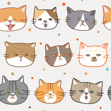 Seamless Pattern with Cartoon Cat Face Design on Light Grey Background