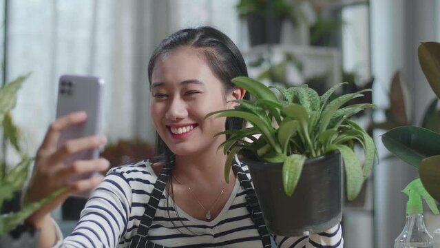 Close Up Of Smiling Asian Woman Holding The Plant And Taking Photo By Smartphone At Home
