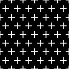 Obraz premium Crosses wallpaper. Repeated white figures on black background. Seamless surface pattern design with polygons. Mosaic motif. Digital paper for page fills, web designing, textile print. Vector art.