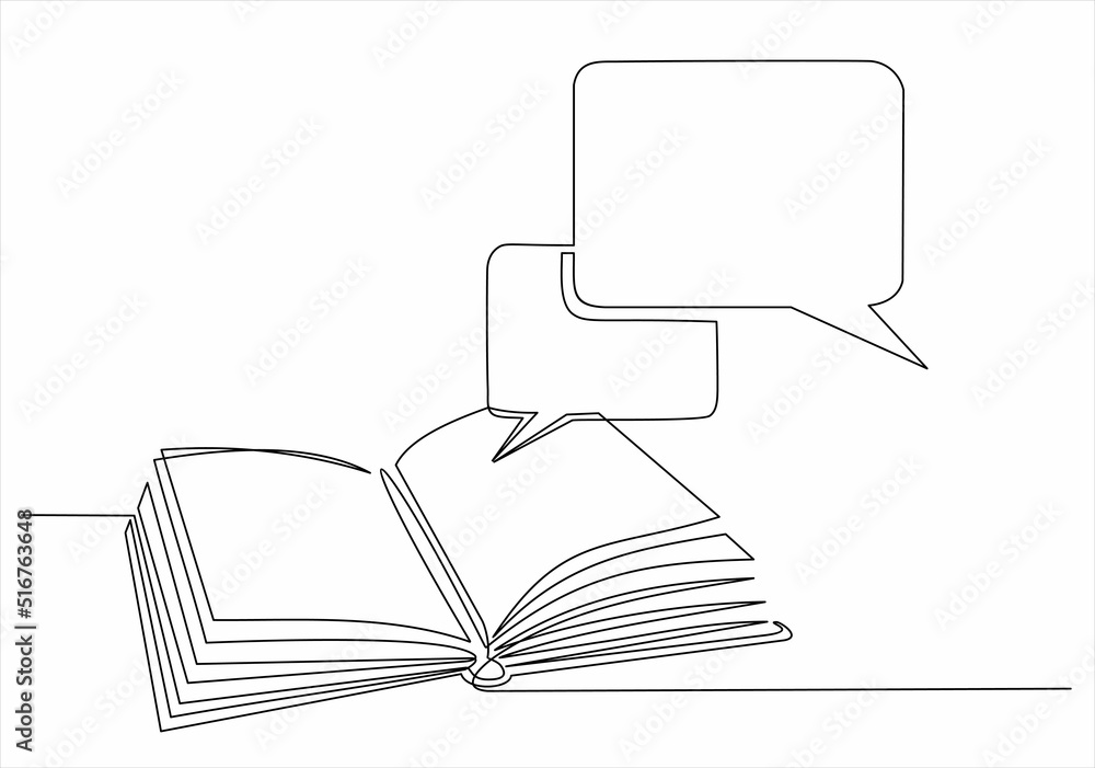 Poster continuous one line drawing open book with bubble for text. vector illustration on white background.
