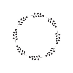 Simple round frame with twigs and leaves. Black silhouette of branches for printing and cutting on a plotter, creating a monogram, farmhouse decoration, invitations. Wreath minimalistic low-key style.