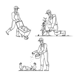 Agriculture Farmland Occupation Of Farmer Vector. Man Harvesting Agriculture Vegetable, Feeding Chicks Birds And Working On Farm. Character Agricultural Work black line illustration