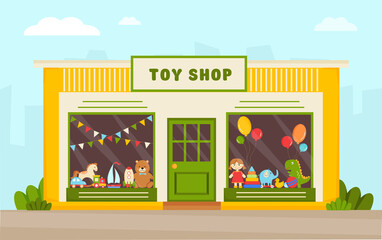 Toy store facade. Modern toy shop vector illustration. Retail trail. Toy store window. Shop window with toys: teddy bear, doll, elephant, car, train. Front view of toy shop. - obrazy, fototapety, plakaty