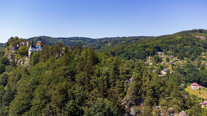 Aerial view of ruin of Vranov Castle built on the steep rock cliff in Mala Skala, Czechia