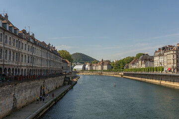 View of the front of houses on the banks of the River Doubs, Besancon, France