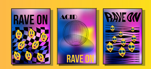 Set Of Cool Trendy Acid Rave Posters. Abstract trippy psychedelic lemon smile pattern.