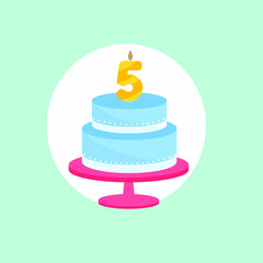 Holiday cake with a candle of age five. Vector illustration