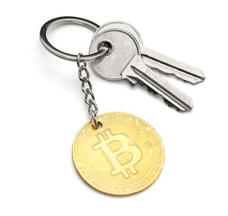 Cryptocurrency keys. Access to Bitcoin. Isolated on white background. Keys with a coin bitcoin keychain