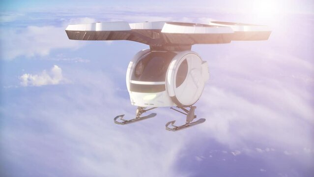 A white unmanned passenger drone taxi flying. 3D render 