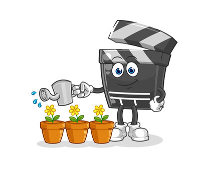 clapboard watering the flowers mascot. cartoon vector