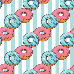 Seamless pattern with hand drawn pink and blue donuts on white and blue striped background