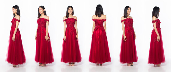 Full length body of Asian beautiful woman wear red evening sequin gown, 360 front side back rear