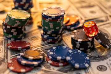 Dice and chips on cahe, casino jackpot. Gambling concept.