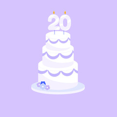 Festive cake with an age twenty candle in flat style. Vector illustration