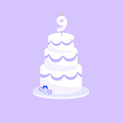 Holiday cake with age nine candle in flat style. Vector illustration