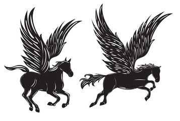 flying pegasi black silhouette isolated, vector