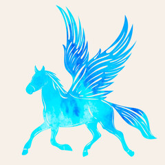 pegasus with wings blue watercolor silhouette isolated
