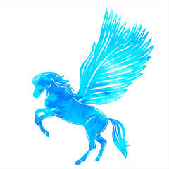 pegasus with wings blue watercolor silhouette