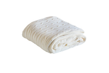 Warm white cable knit blanket folded neatly and isolated over a white background with clipping...