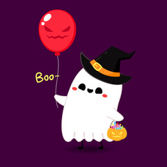 Cute ghost cartoon vector. Halloween party with cute ghost and fancy balloons. Trick or treat with holidays cartoon character.
