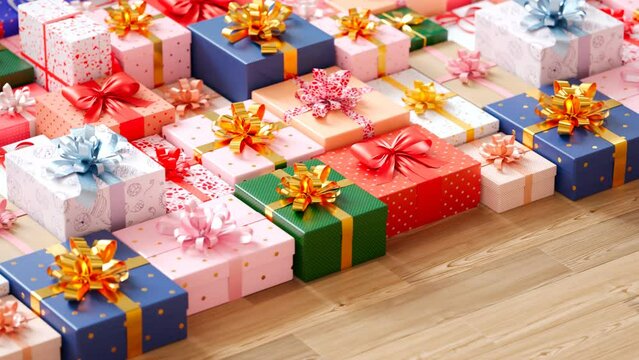 Colorful present boxes with decorative ribbons. Christmas or birthday gifts.