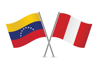 Venezuela and Peru crossed flags. Venezuelan and Peruvian flags on white background. Vector icon set. Vector illustration.