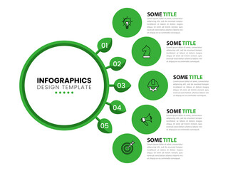 Infographic template. Green circle with leaves and 5 steps