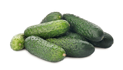 Heap of fresh ripe cucumbers on white background