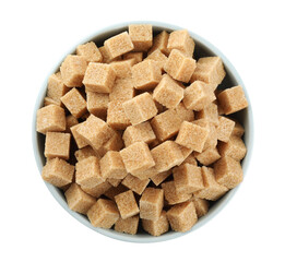 Bowl with cubes of brown sugar isolated on white, top view