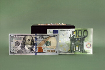 Currency on a green background. Global recession, euro against dollar, global crisis, inflation