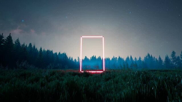 The Rectangle Pink Neon Portal To Another Dimension. Glowing Door. Fantasy.