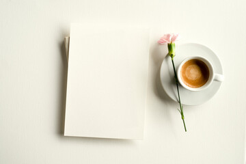 blank white invitation template, rectangle, art canvas texture, soft shadows, coffee and flower, white background, canvas texture, photo taken from above