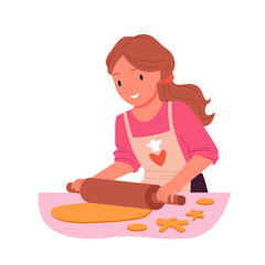 Girl making cookies at table vector illustration. Cartoon isolated young cute baker in apron holding rolling pin, using kitchen utensils to make dough for homemade cake and cook dessert for dinner