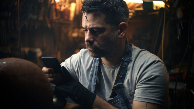 A male craftsman in a garage communicating with customer online by smartphone and discussing details and quality of metal products, while he has a break in the workday