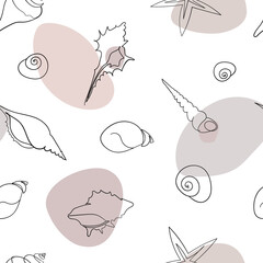 Seashells vector seamless pattern. Hand drawn marine illustrations of seashells. Summer tropical ocean beach style. Fashion underwater vintage textile fabric design. 