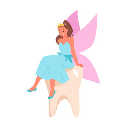 Smiling tooth fairy sitting on tooth. Collecting milk molar teeth, princess with wings and crown, flying night fairy, childhood myth, children tradition, teeth under pillow vector illustration
