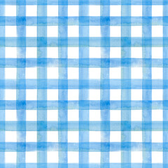 Hand-drawn checkered background. Watercolor seamless texture. Blue and white geometric pattern