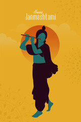Happy Janmashtami text with Lord Krishna playing flute vector illustration, and the Indian festival Janmashtami celebration banner, digital post, poster, and card design