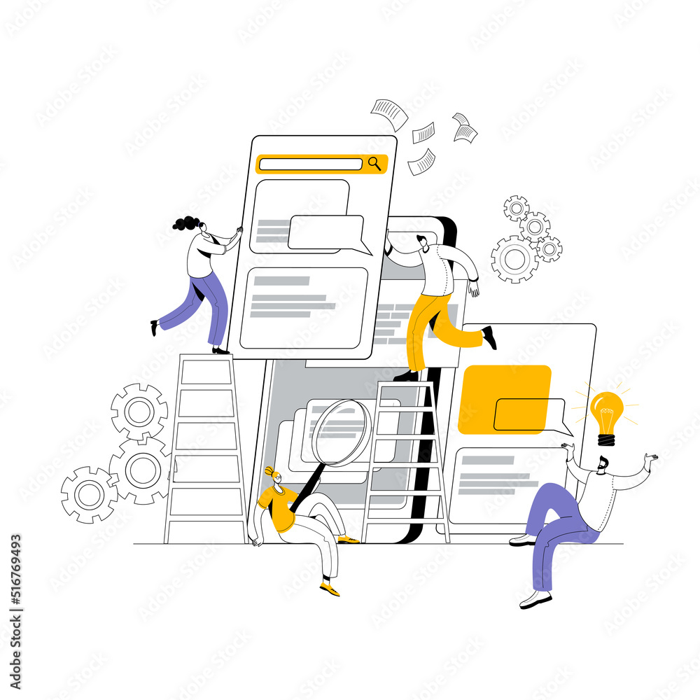Aufkleber a team of developers, managers and designers creates a mobile app. the concept of a vector illustrat