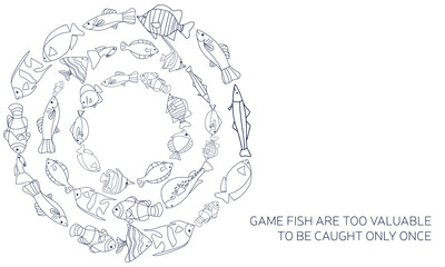 the frame is circular of fish. Vector doodle fish template with a pattern of wavy lines floating in a circle, with an empty space inside for text, a black outline for a label design template, signage