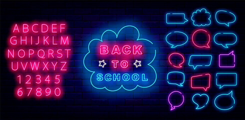 Back to school neon label in speech bubble. Welcome to school concept. Shiny pink alphabet. Vector stock illustration