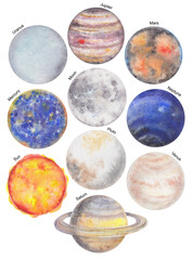 Watercolor zodiac planets set. Venus, Uranus, Saturn, Sun, Neptune, Pluto, Mercury, Moon, Jupiter, Mars on white background