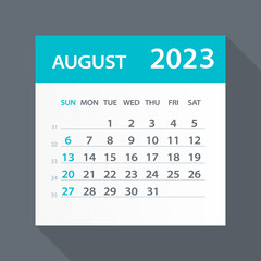 August 2023 Calendar Green Leaf - Vector Illustration