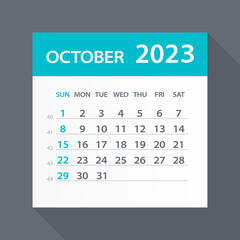 October 2023 Calendar Green Leaf - Vector Illustration