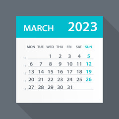 March 2023 Calendar Green Leaf - Vector Illustration. Week starts on Monday