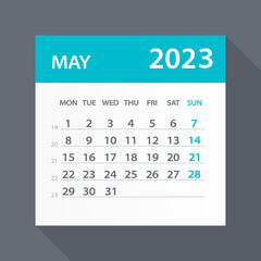 May 2023 Calendar Green Leaf - Vector Illustration. Week starts on Monday