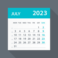July 2023 Calendar Green Leaf - Vector Illustration. Week starts on Monday