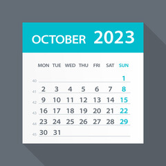 October 2023 Calendar Green Leaf - Vector Illustration. Week starts on Monday